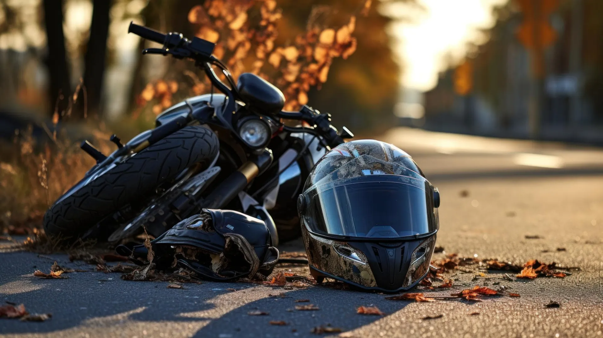 A fallen motorcycle and helmet on the road with autumn leaves in the background, depicting a motorcycle accident.