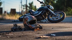 A damaged helmet and motorcycle lying on the road, indicating a severe motorcycle accident.