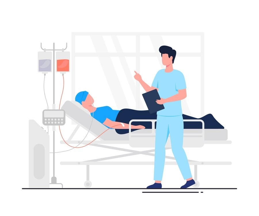 a modern hospital room where a nurse is attending to a patient lying in a bed connected to a medical