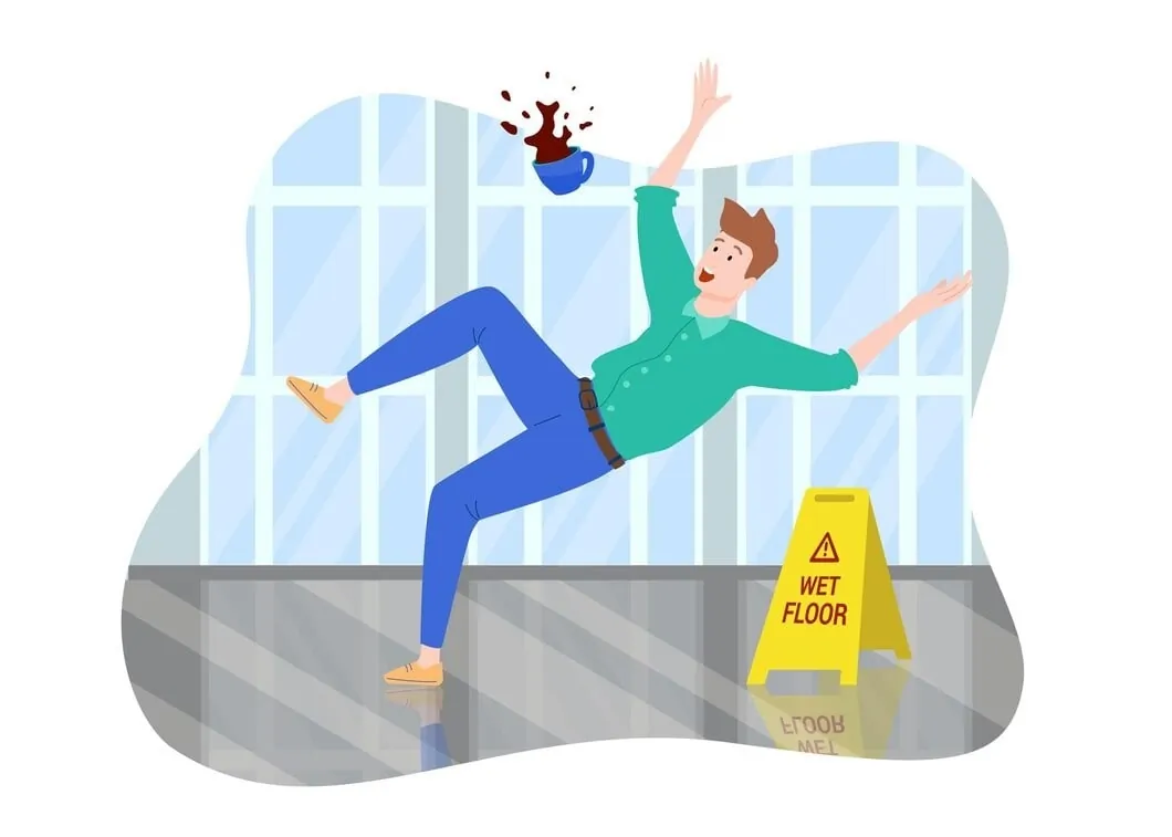 a man in a green shirt slipping on a wet floor marked by a yellow caution sign, with a cup of coffee flying out of his hand