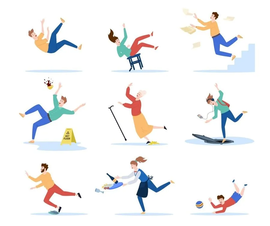 experiencing slips and falls in different scenarios, including slipping on a wet floor, tripping while running, falling down stairs