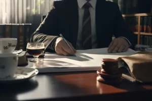 A lawyer writing documents with a gavel and glass of brandy on the desk.