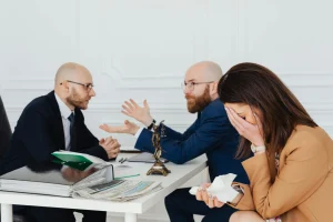 An emotional discussion in a legal office, illustrating the difficult conversations around dividing wrongful death settlements.