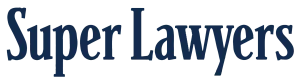 The image shows the logo for "Super Lawyers" in navy blue font with an elongated "L.