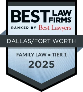 Shield-shaped badge stating "Best Law Firms ranked by Best Lawyers, Dallas/Fort Worth, Family Law, Tier 1, 2025.