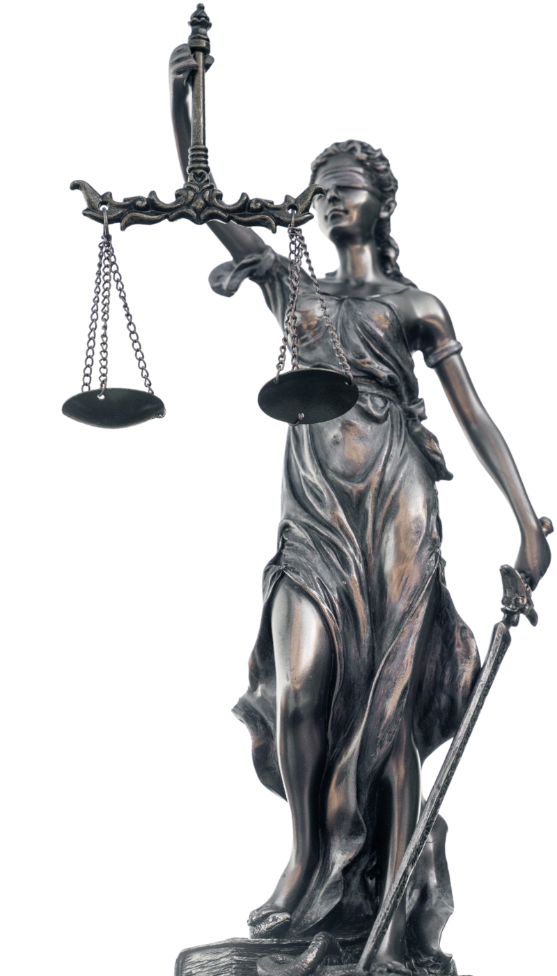 Statue of Lady Justice holding a set of scales in one hand and a sword in the other, with eyes covered by a blindfold.
