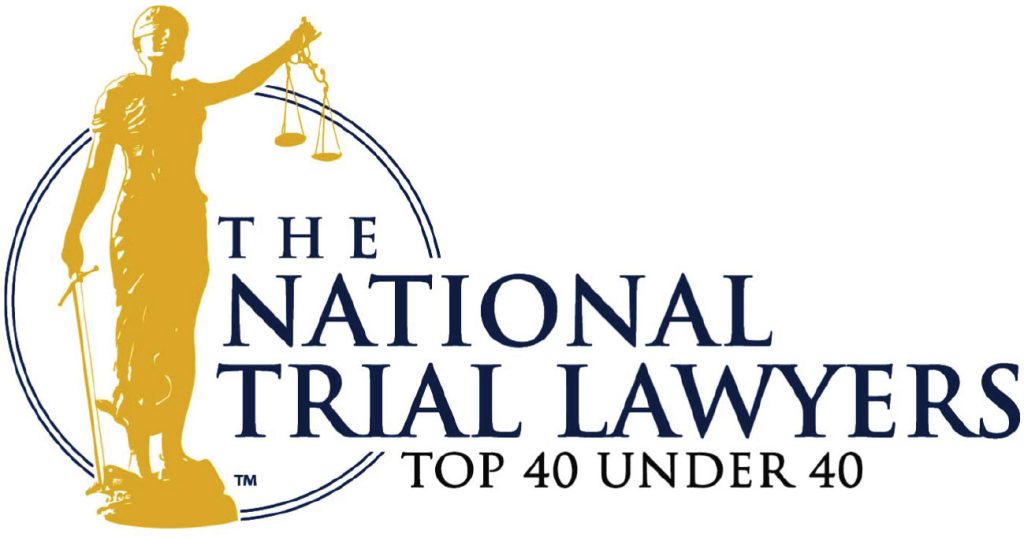Logo of The National Trial Lawyers with an image of Lady Justice holding scales and the text "Top 40 Under 40.