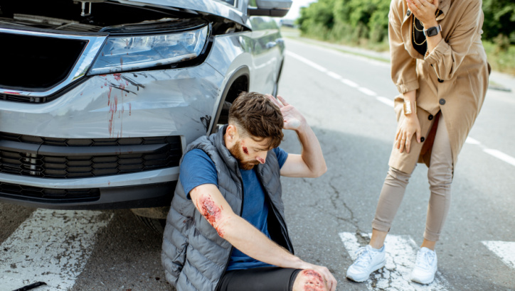 A man with visible injuries sits on the ground in front of a car with a damaged hood and blood stains, while a woman stands nearby covering her mouth in shock.