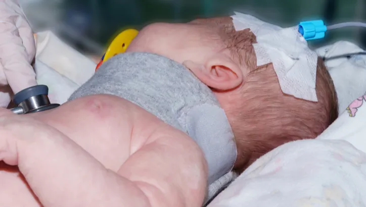 A newborn baby lying on a hospital bed with a bandaged head and medical device attached; a gloved hand holds a stethoscope to the babyÔÇÖs chest.