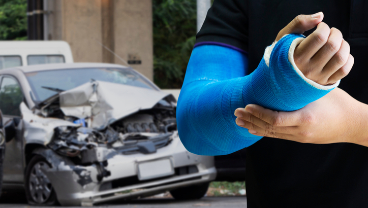 A person with a blue arm cast holds their injured arm; in the background, a car with a damaged front end is shown.