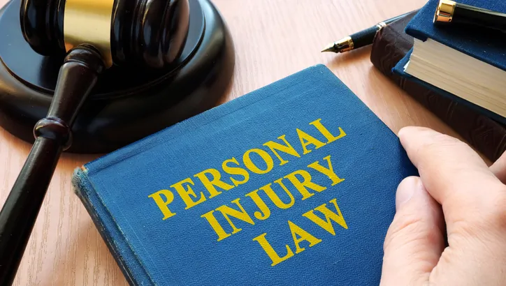 A hand holds a blue book titled "Personal Injury Law" on a desk with a gavel, pen, and another book nearby.