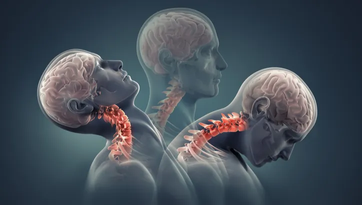 Illustration showing a translucent human figureÔÇÖs head and neck moving backward and forward, highlighting the cervical spine, to depict whiplash injury.