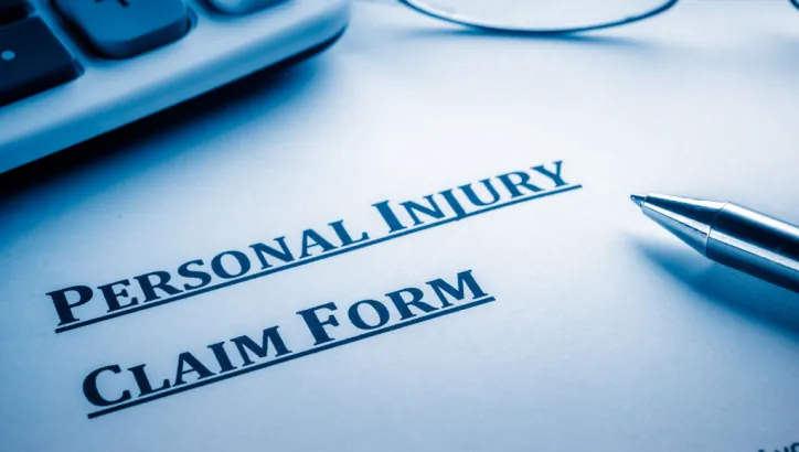A close-up of a personal injury claim form on a desk, with a pen and part of a calculator visible.