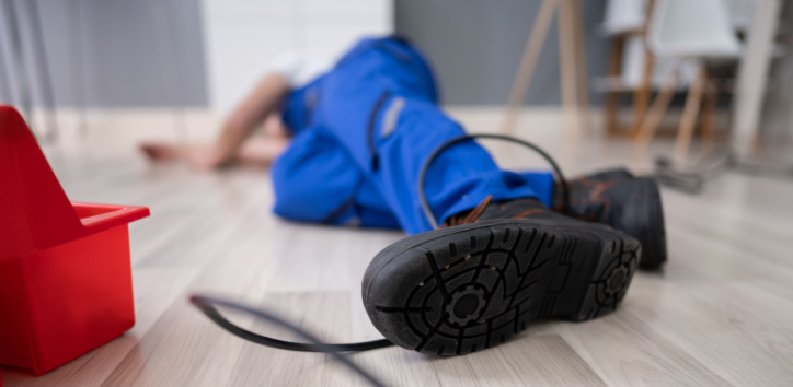 A person wearing blue overalls lies on the floor with a cord wrapped around their leg, next to a red bucket.