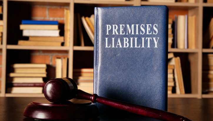 A book titled "Premises Liability" stands upright next to a judge's gavel on a desk, with shelves of books in the background.