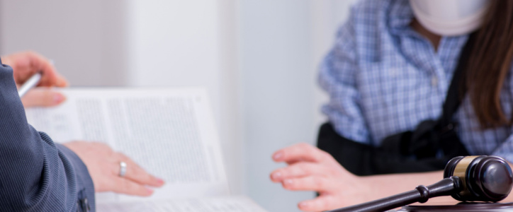 A person with their arm in a sling sits across a desk from another person holding a document; a judge's gavel is visible on the desk.