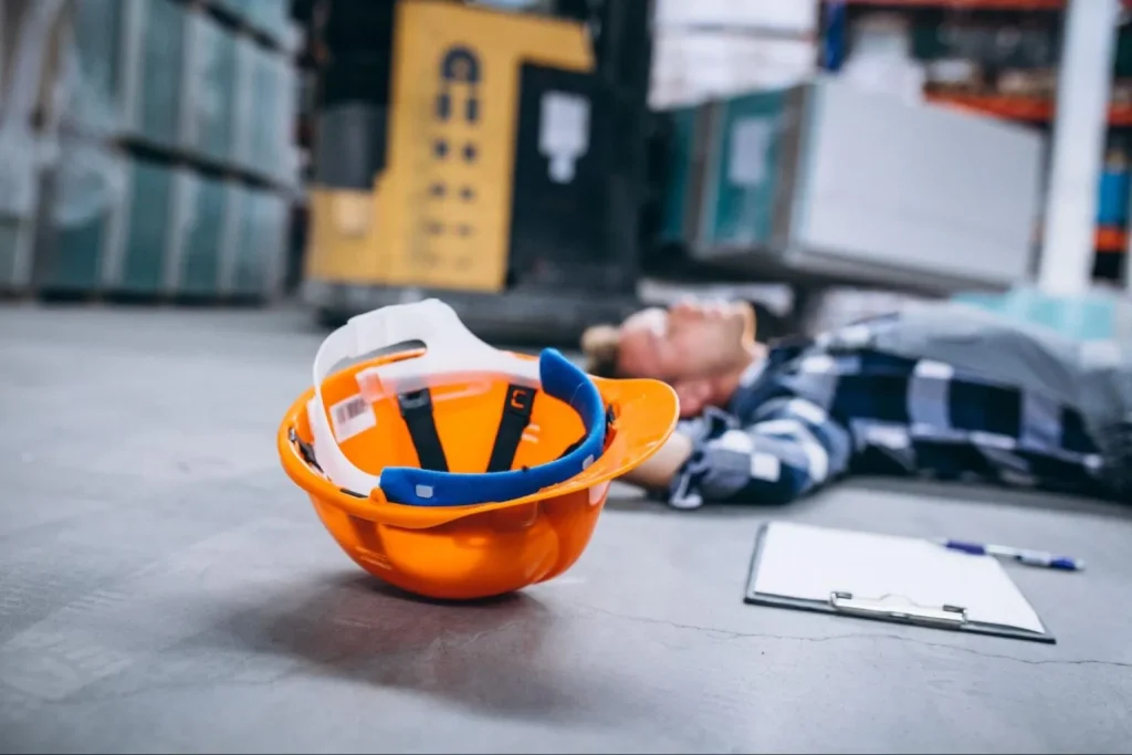 An orange safety helmet lies on the floor near a clipboard, with a person in a plaid shirt lying motionless in the background of a warehouse.