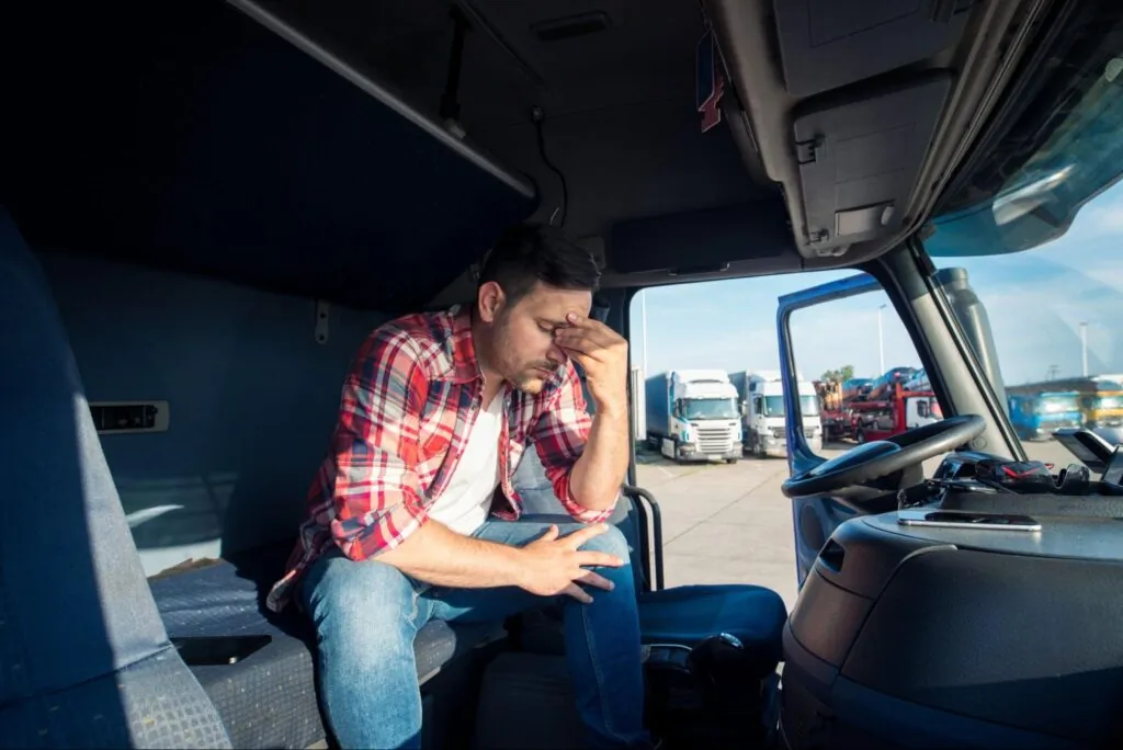A man in a plaid shirt sits in a truck cabin with his hand on his forehead, looking stressed or tired. Several trucks are parked outside in the background.