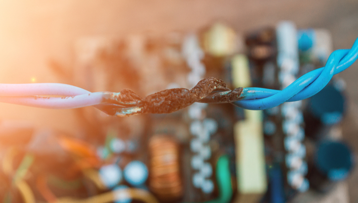 Close-up of two frayed and corroded electrical wires twisted together, with blurred electronic components in the background.