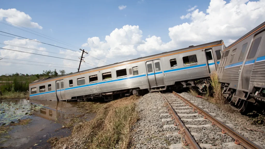 A silver passenger train has derailed from the tracks, with several cars tilted off to the side near water and grass under a partly cloudy sky.