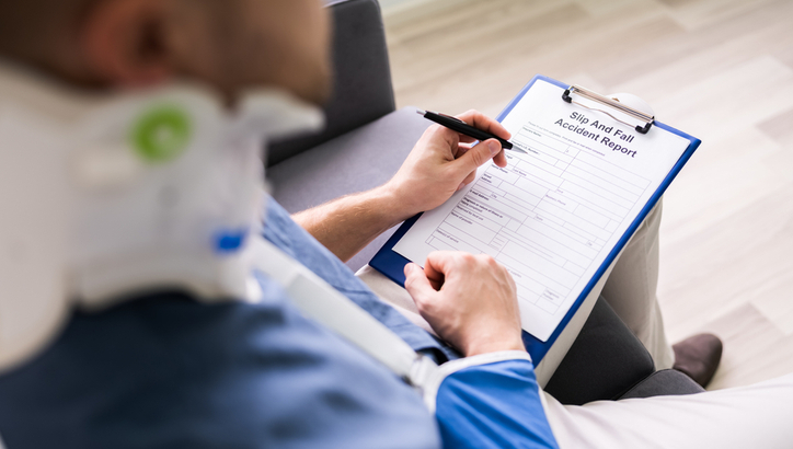 Person wearing a neck brace fills out a "Slip and Fall Accident Report" form on a clipboard while seated indoors.