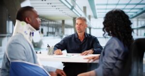 injured man wearing neck brace and arm sling meeting with professionals at office table