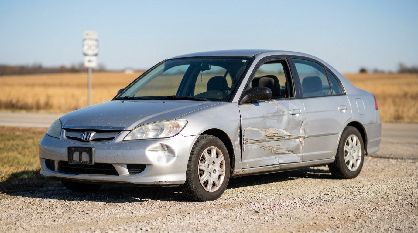 Honda Civic sedan with severe side door collision damage parked on rural roadside