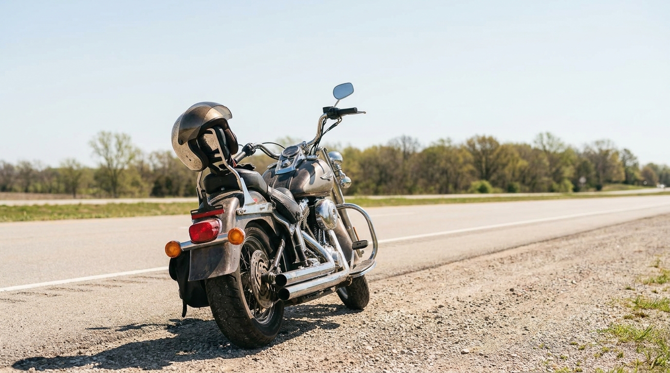 cruiser motorcycle with helmet resting on seat parked along open highway