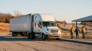 semi-truck with trailer parked at highway rest stop near three standing pedestrians
