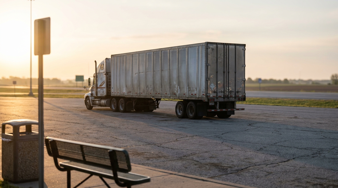 semi-truck with large cargo trailer parked at highway rest stop