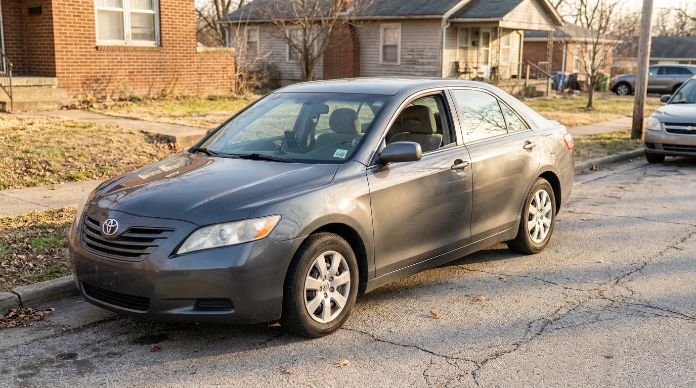 Toyota Camry sedan parked on residential street near brick houses