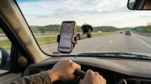 driver gripping steering wheel with smartphone navigation app mounted on windshield