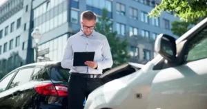 insurance adjuster writing on clipboard between two vehicles after collision