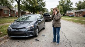 woman on phone standing beside sedan with front bumper damage on residential street