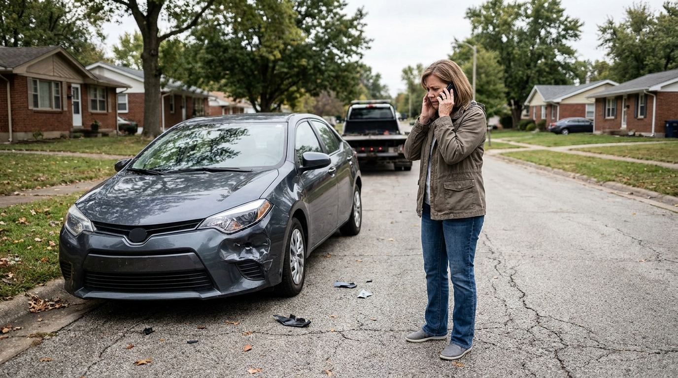 woman on phone standing beside sedan with front bumper damage on residential street