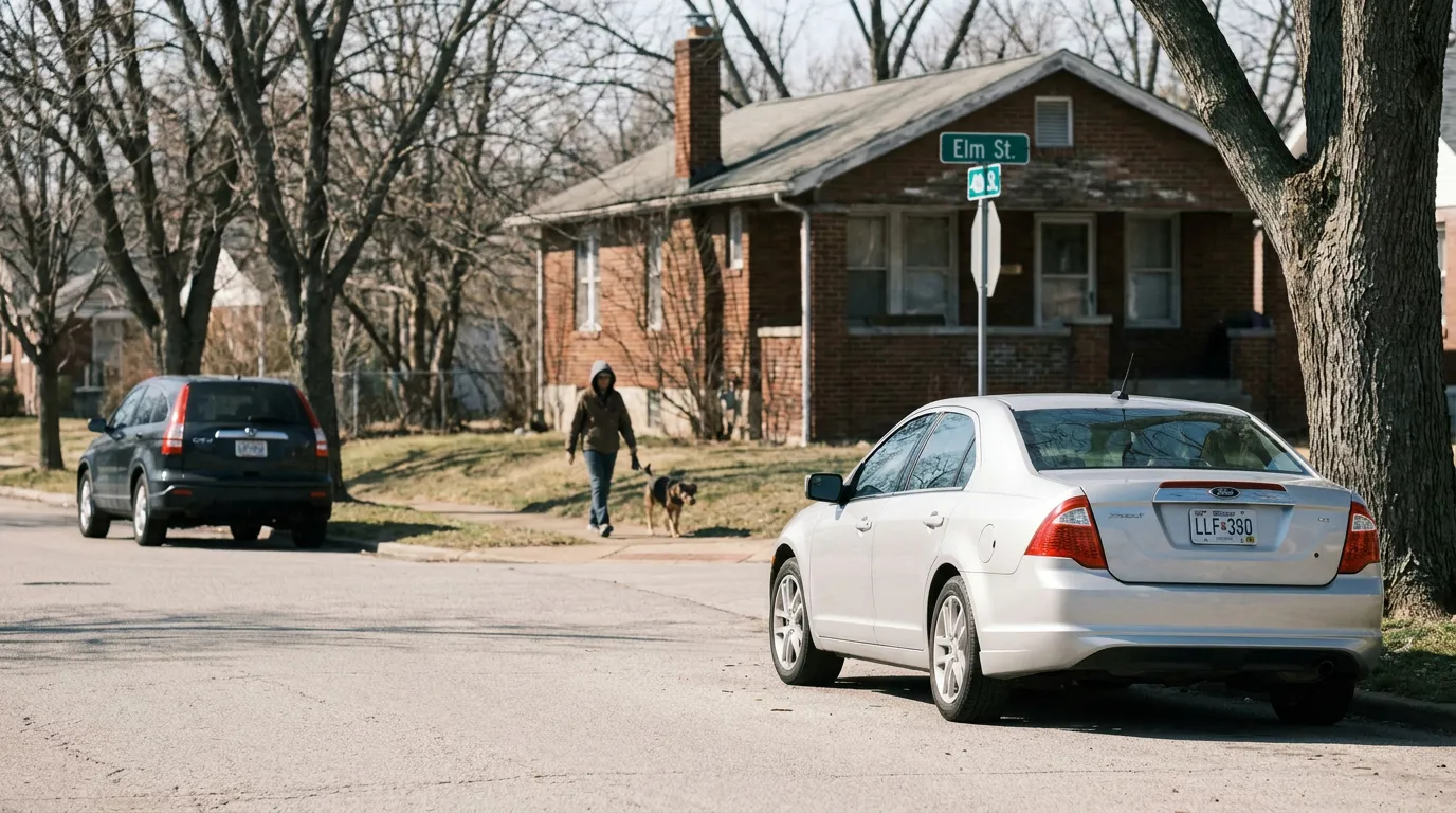 pedestrian walking dog near Elm St. sign on residential street with parked cars