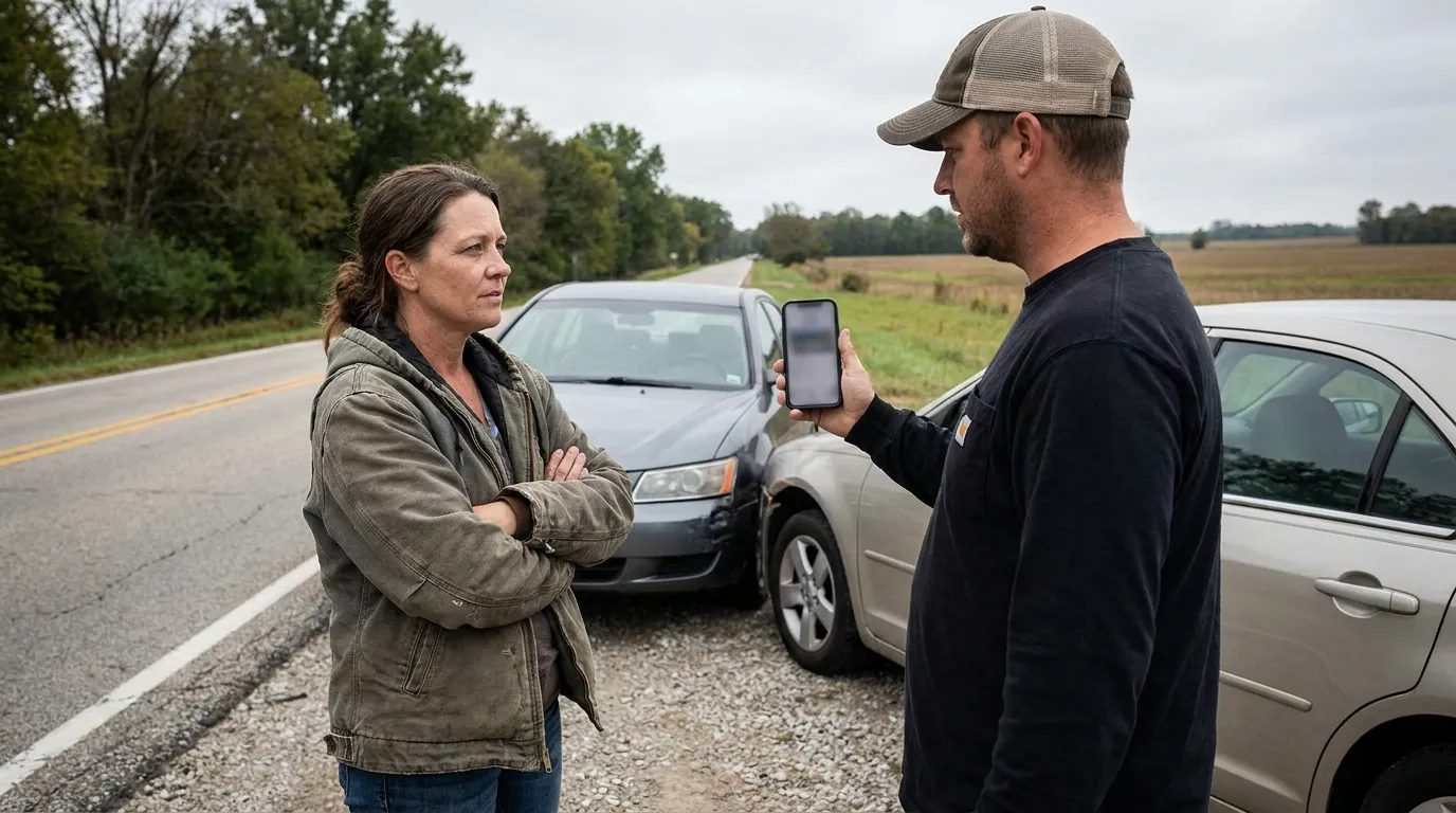 two drivers exchanging information on roadside after rear-end vehicle collision