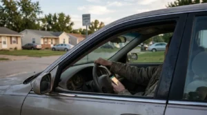 driver holding smartphone while gripping steering wheel on residential street