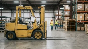 forklift parked in warehouse with two workers wearing hard hats and safety vests