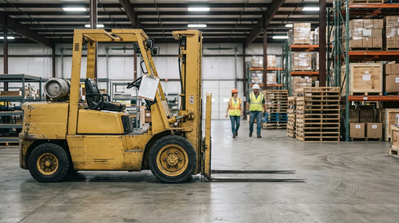 forklift parked in warehouse with two workers wearing hard hats and safety vests