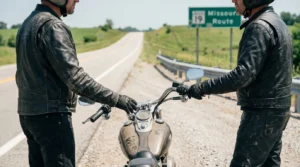 two motorcyclists in leather jackets beside motorcycle near Missouri Route 19 sign
