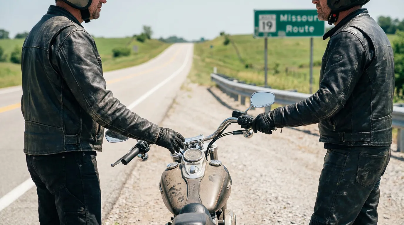 two motorcyclists in leather jackets beside motorcycle near Missouri Route 19 sign