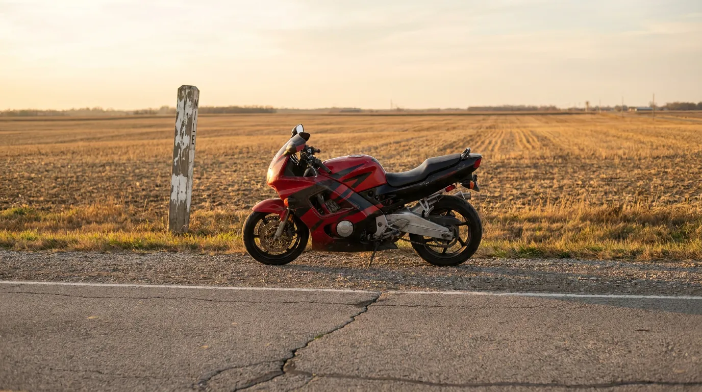 sport motorcycle parked on rural roadside beside weathered mile marker post