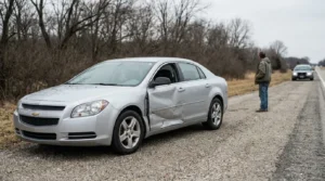 Chevrolet sedan with side door collision damage stopped on rural road