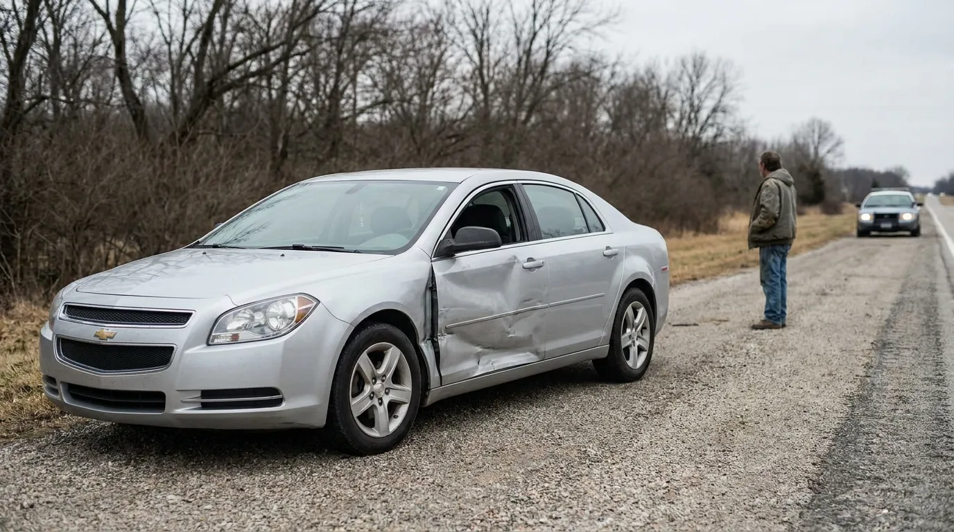 Chevrolet sedan with side door collision damage stopped on rural road