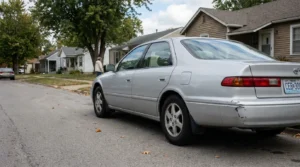 Toyota sedan with visible rear bumper damage parked on residential street