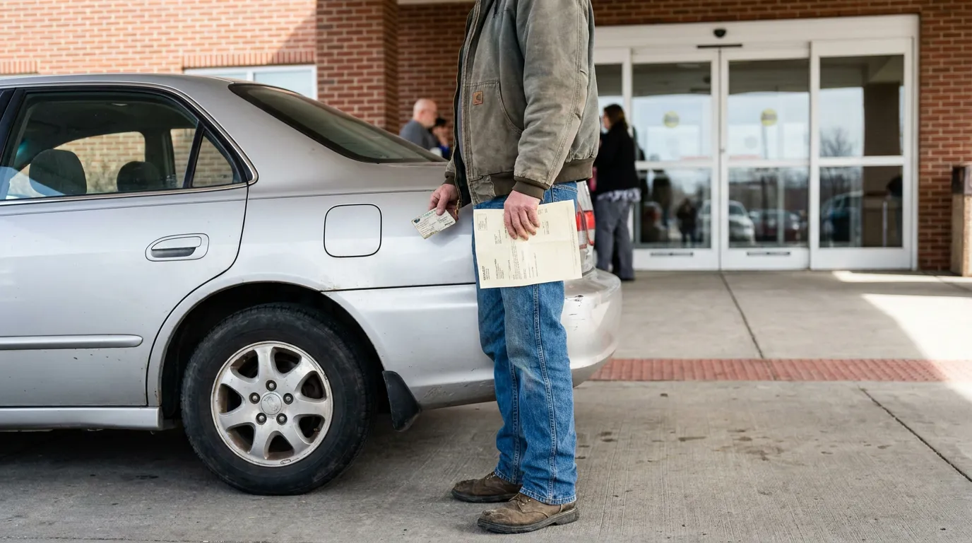 man standing beside sedan holding documents and card outside public building