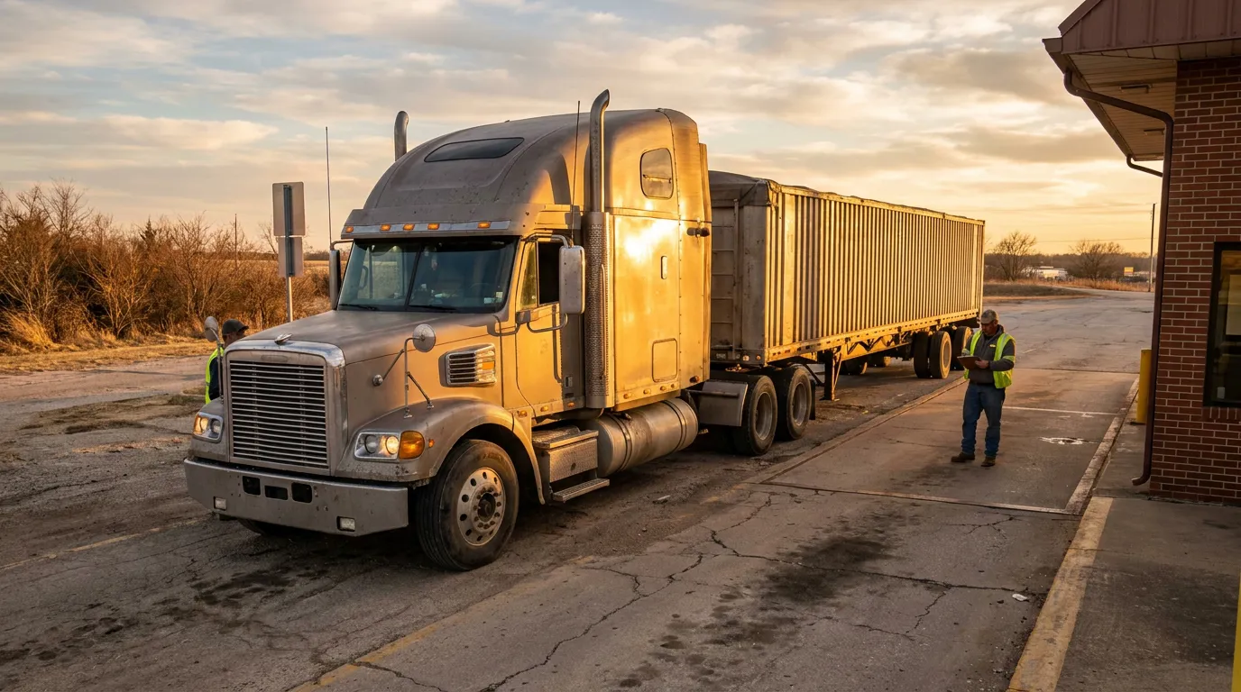 semi-truck with cargo trailer stopped at inspection station with safety vest worker