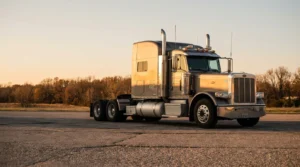 Peterbilt semi-truck cab parked on open pavement with bare trees behind