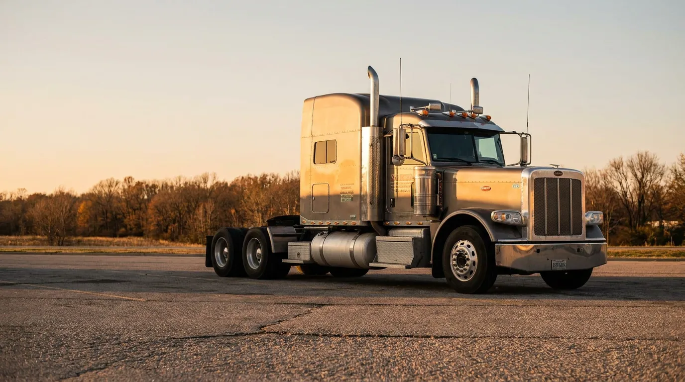 Peterbilt semi-truck cab parked on open pavement with bare trees behind